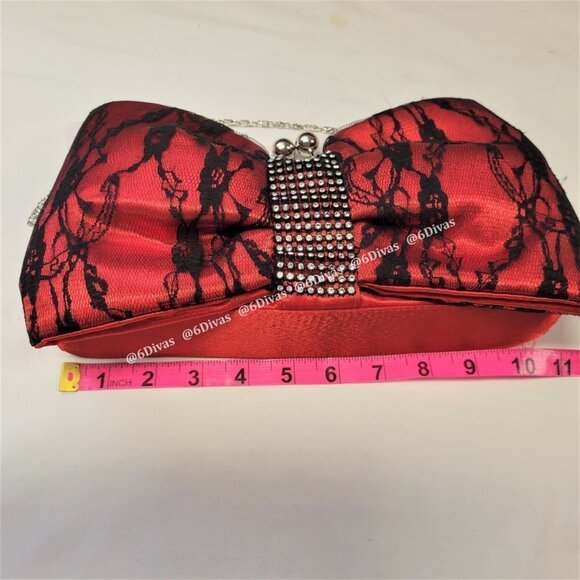 Red Satin Glitter Evening Purse With Large Bow Accent - Picture 11 of 13